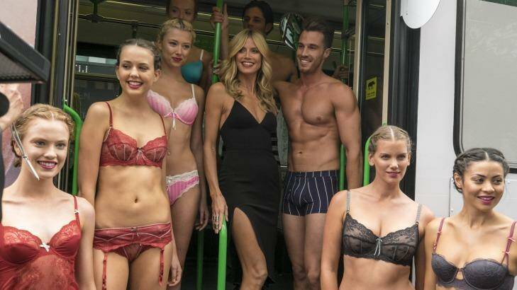 Heidi Klum and models arrived in the Bourke Street Mall by tram last year. Photo: Luis Ascui