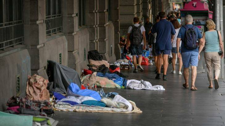 Homeless people camped out near Flinders Street Station.  Photo: Eddie Jim