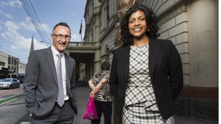 Greens candidate for Wills Samantha Ratnam with party leader Richard Di Natale. Photo: Simon O'Dwyer