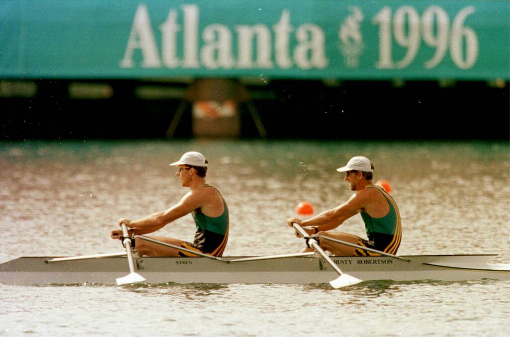 Still got it: Peter Antonie, left, and Jason Day of Australia pull to the finish line in the prelims of the Men’s Double Sculls on Lake Lanier in Gainesville, Georgia in 1996. picture: Gary M Prior /Allsport