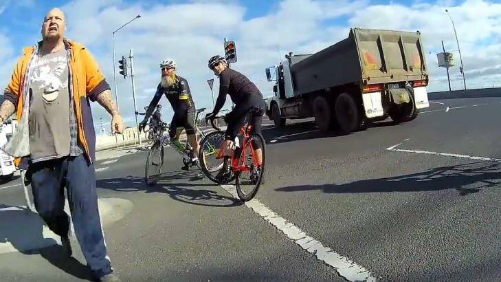 The truck driver confronts the cyclist at the scene.   Photo: Supplied