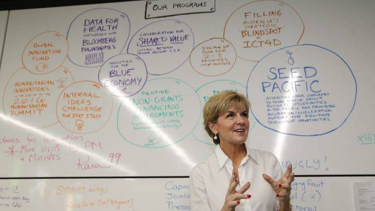 Foreign Affairs Minister Julie Bishop at the Innovation Xchange a specialist unit developing ideas in aid delivery. Photo: Andrew Meares