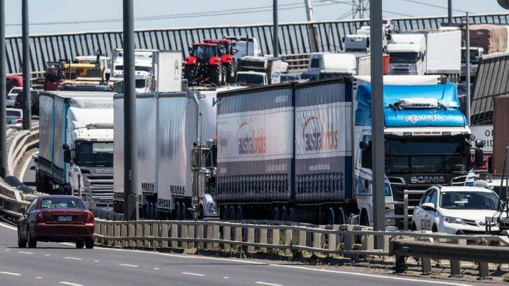 Heavy truck traffic on the West Gate Bridge. Photo: Jason South