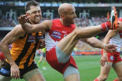 Action from the 2012 AFL Grand Final between Hawthorn and Sydney. Photo: Sebastian Costanzo