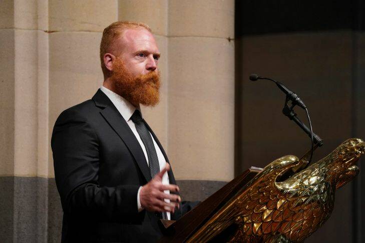 MELBOURNE,AUSTRALIA 23 SEPTEMBER 2017: Connie Johnson's husband , Michael Johnson, addresses the audience during her memorial at St Paul's cathedral in Melbourne on Saturday 23 September 2017..Photo Luis Enrique Ascui