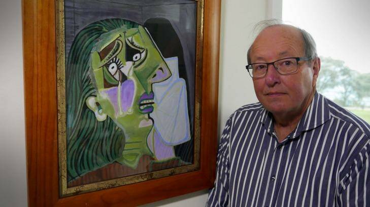 Former National Gallery of Victoria chief conservator Thomas Dixon with a homage to Picasso's Weeping Woman given to him for his 70th birthday. Photo: Tim Young