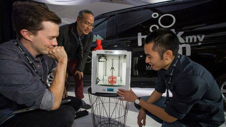 Protoworks' Kade Greenland, Hans Chang and Yow Chai with their On Demand 3D Printing Workshop. Photo: Meredith O'Shea