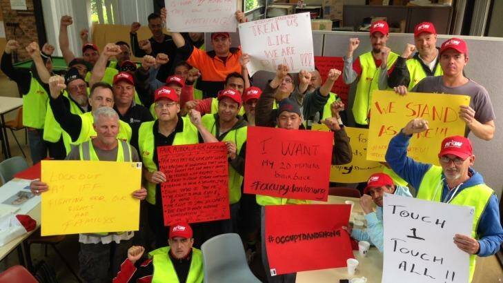 Workers protest from inside the lunchroom at the Dandenong factory. Photo: Supplied by Emma Kerin 