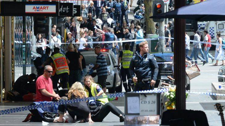 The Age 20/1/2017?? 
Police chase driver in Melbourne's CBD, pedestrians hit, reports shots fired in Bourke Street Mall.

Photo by Justin McManus?? 