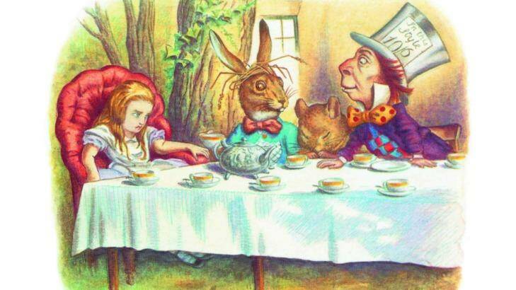 Alice looks a little grumpy at the Mad Hatter's Tea Party  in  <i>The Complete Alice</i>. Illustrations coloured by Diz Wallis,  Macmillan Publishers Limited, 1995. Photo: Supplied