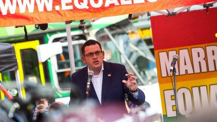 Premier Daniel Andrews addresses the crowd at the Equal Love Rally.  Photo: Chris Hopkins