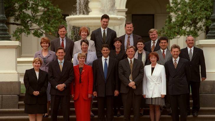 The new Labor cabinet at Government House: (Back row from left) Bob Cameron, Christine Campbell, Justin Madden, Rob Hulls, Andre Haermeyer. (Middle row) Bronwyn Pike, Sherryl Garbutt, Candy Broad, Lynne Kosky, John Pandazopoulos, Keith Hamilton. (Front row) Marsha Thomson, John Brumby, Monica Gould, Steve Bracks, John Thwaites, Mary Delahunty and Peter Batchelor. Photo: Heath Missen
