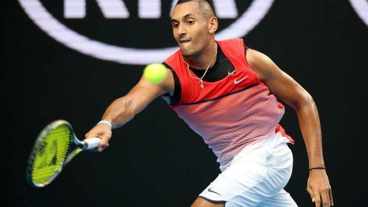 Nick Kyrgios modelled the sleeveless look that Rafael Nadal wore so well. Photo: Michael Dodge