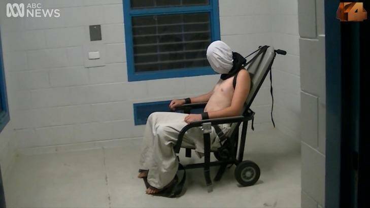 Dylan Voller in a restraining chair in the footage aired on <i>Four Corners</i>. 