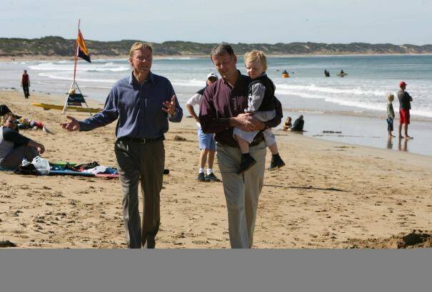 Former Acting premier John Thwaites and Minister for Planning Rob Hulls, with son Jack, at Ocean Grove. Photo: Wayne Taylor