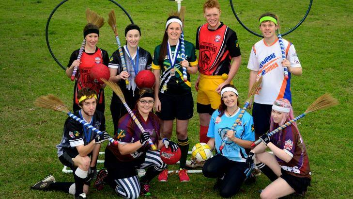 Members of the Victorian Quidditch Association demonstrate how to play the game that is featured in the Harry Potter books. Photo: Penny Stephens