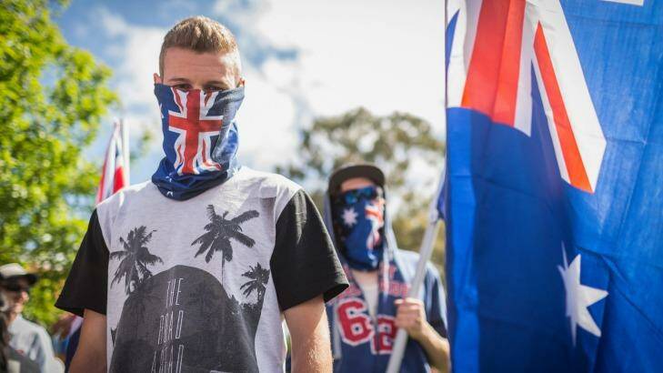 A Member of the group Reclaim Australia  makes his feelings known.
 Photo: Chris Hopkins