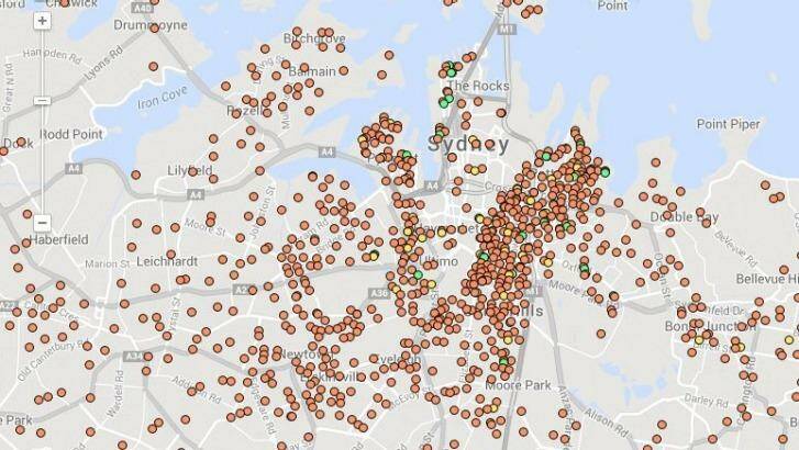A map of car share parking spaces in inner Sydney.