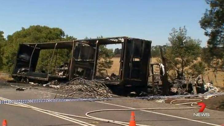 The charred hull of the semi-trailer. Photo: Courtesy of Seven News