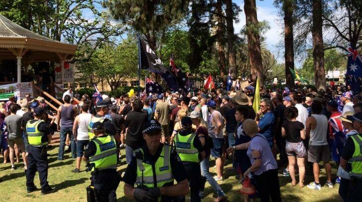 The United Patriots Front protesters gather in Bendigo. Photo: Chris Vedelago