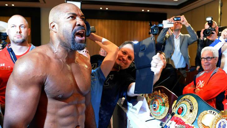 Former world heavyweight champion Shannon Briggs crashes the Leapai-Klitschko press conference. Photo: Lars Baron/Bongarts/Getty Images