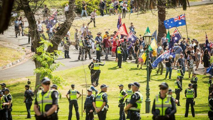 There was a hefty police presence as protesters filed into the park. Photo: Chris Hopkins