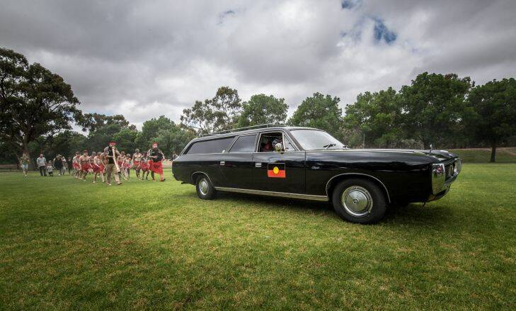The Age, News, 15/11/2017, photo by Justin McManus.
Repatriation of Mungo Man's remains along with 104 other ancient ancestors back to conutry at Lake Mungo. The remains will be taken from thre National Museum of Australia's  storage faciclity in Canberra in the old Aboriginal hearse accompanied by elders from the Willandra region - the Mutthi Mutthi, Paakantyi?????? and Ngiyampaa?????? people. They will travel and be welcomed with ceremony from local elders at Wagga Wagga, Hay and Balralnald before being laid to rest at Lake Mungo. The hearse arrives at Hay for a ceremony.