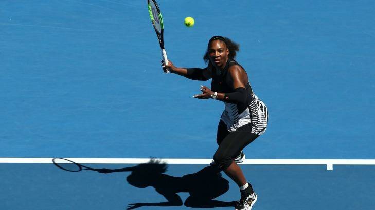 Long history: Serena Williams plays a forehand on her way to beating Nicole Gibbs. Photo: Scott Barbour