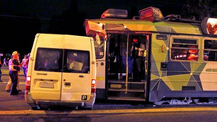 A van and tram collided on St Kilda Road on Saturday night. Photo: Patrick Herve
