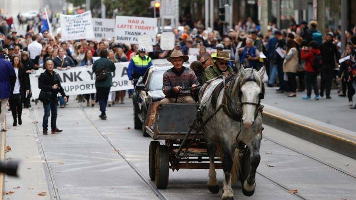 A horse-drawn cart led the march from Federation Square to Parliament House. Photo: Eddie Jim