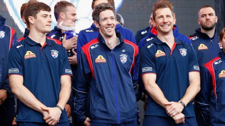 Robert Murphy of the Bulldogs smiles as his team are presented on stage. Photo: Darrian Traynor