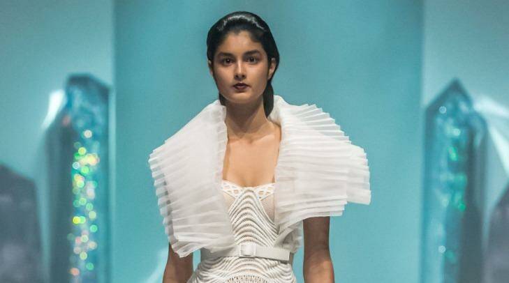 A model at 2016 Melbourne Spring Fashion Week wearing a Jason Grech design using pleating by Specialty Pleaters.  Photo: Lucas Dawson Photography