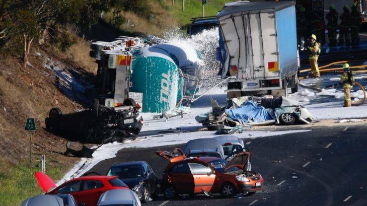 The scene of the crash on the Calder Freeway on Tuesday morning.  Photo: Eddie Jim