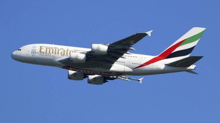 An Emirates Airbus A380 taking off from London Heathrow Airport.