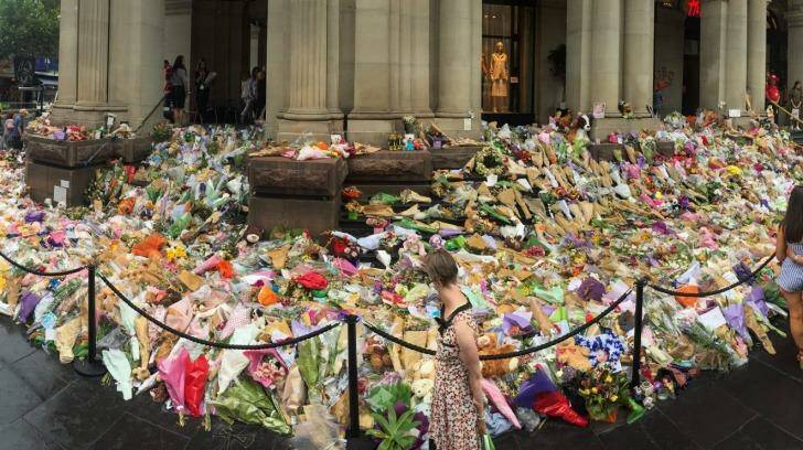 The floral memorial commemorating the lives of the five people killed during the Bourke Street tragedy. Photo: Jason South