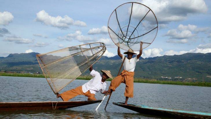 'One-legged' fishermen on Inle lake. Photo: Kerry van der Jagt