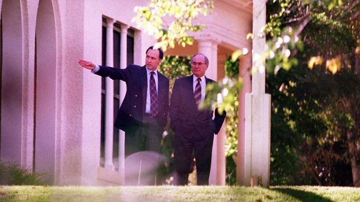 Paul Keating, shows the Lodge garden to its new tenant, John Howard, in March 1996.

21-3-1996.  Pic Mike Bowers .  Canberra.   Paul Keating shows the Prime Minister elect John Howard around The Lodge in Canberra Photo: Mike Bowers