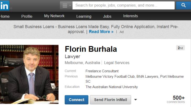 Former migration lawyer Florin Burhala's professional networking page says he is now a "freelance consultant" dividing his time between the Middle East and Europe. Photo: LinkedIn