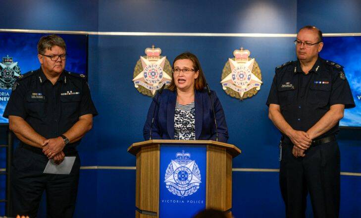 The Age, News, 09/12/2015. photo by Justin McManus. Victoria Police press conference responding to the Victorian Equal Opportunity HUman Rights Commission report into sexual harrassment in Victoria Police. Chief Commissioner Graham Ashton and VEOHRC Commissioner Kate Jenkins and Assistant Comissioner Luke Cornelius (left)