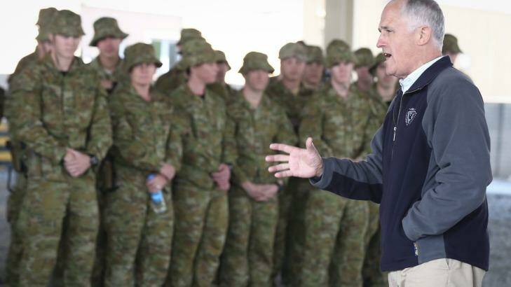 Prime Minister Malcolm Turnbull addresses ADF trainers and force protection troops  in Kabul. Photo: Alex Ellinghausen