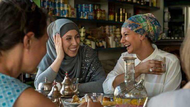 Amina Sadikay and Hebba El Masri at the Moroccan Deli-cacy cafe, taking part in Speed Date a Muslim which is to become a regular event. Anyone can come along and ask a Muslim woman questions about their religion and  culture.  Photo: Penny Stephens