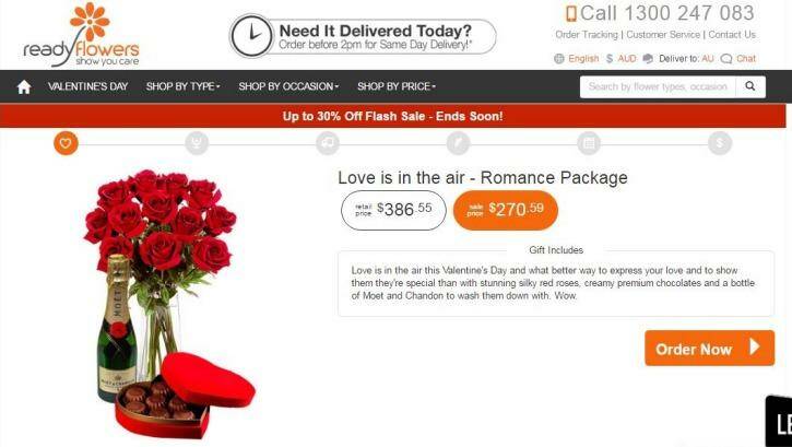 Screenshot of a discounted Valentine's Day bouquet on the Ready Flowers website. Photo: Esther Han