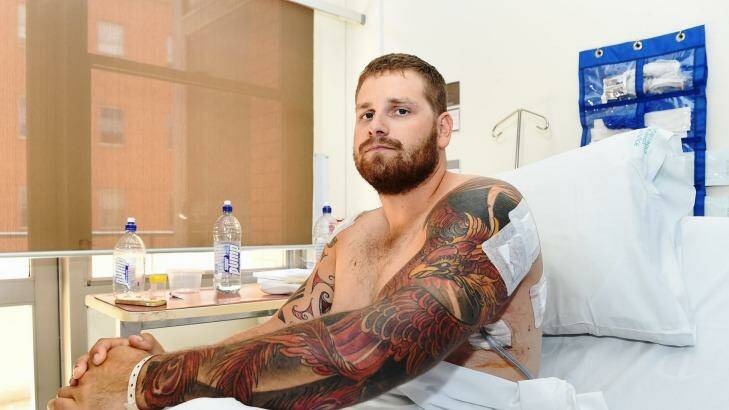 Steen Locke recovers at The Alfred hospital after being stabbed multiple times during an uprovoked attack in St. Kilda.  Photo: Jake NowakowskI