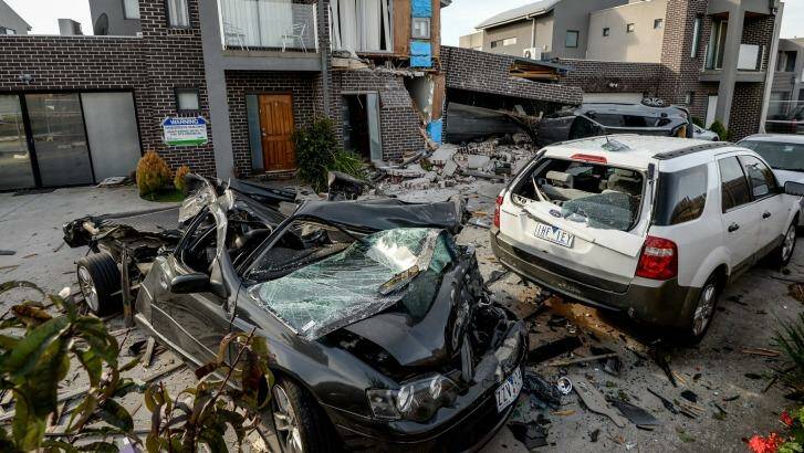 The scene at Roxburgh Park after an out-of-control car crashed into townhouses. Photo: Justin McManus