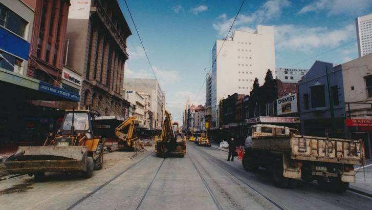 Swanston Street being dug up in 1992. Photo: Craig Sillitoe