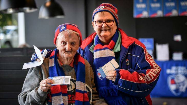 Betty Hayes, 83, was at the Grand Final match in 1951 when the Bulldogs won the Grand Final. She was 21 years old. Her daughter Jackie Hall got tickets today.  Photo: Eddie Jim