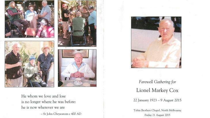 Lionel Cox's memorial booklet. Photo: Supplied
