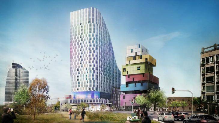 The proposed St Kilda Junction development (left) and the existing "Lego tower" (right) on either side of Wellington Street. Photo: Supplied