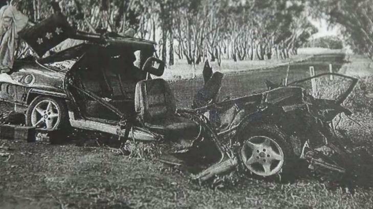 The car in which Micaela Henderson and her friend crashed into a tree in country Victoria. Photo: Andrew Darby