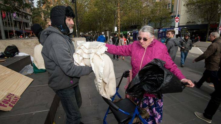 Kathleen Hall came from Hoppers Crossing to donate items to homeless people at City Square. Photo: Penny Stephens